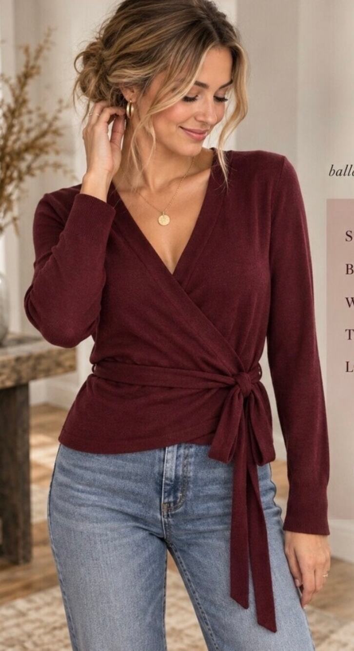 Devotion by Cyrus Burgundy Wrap Cardigan Sweater Small crossover front tie wine